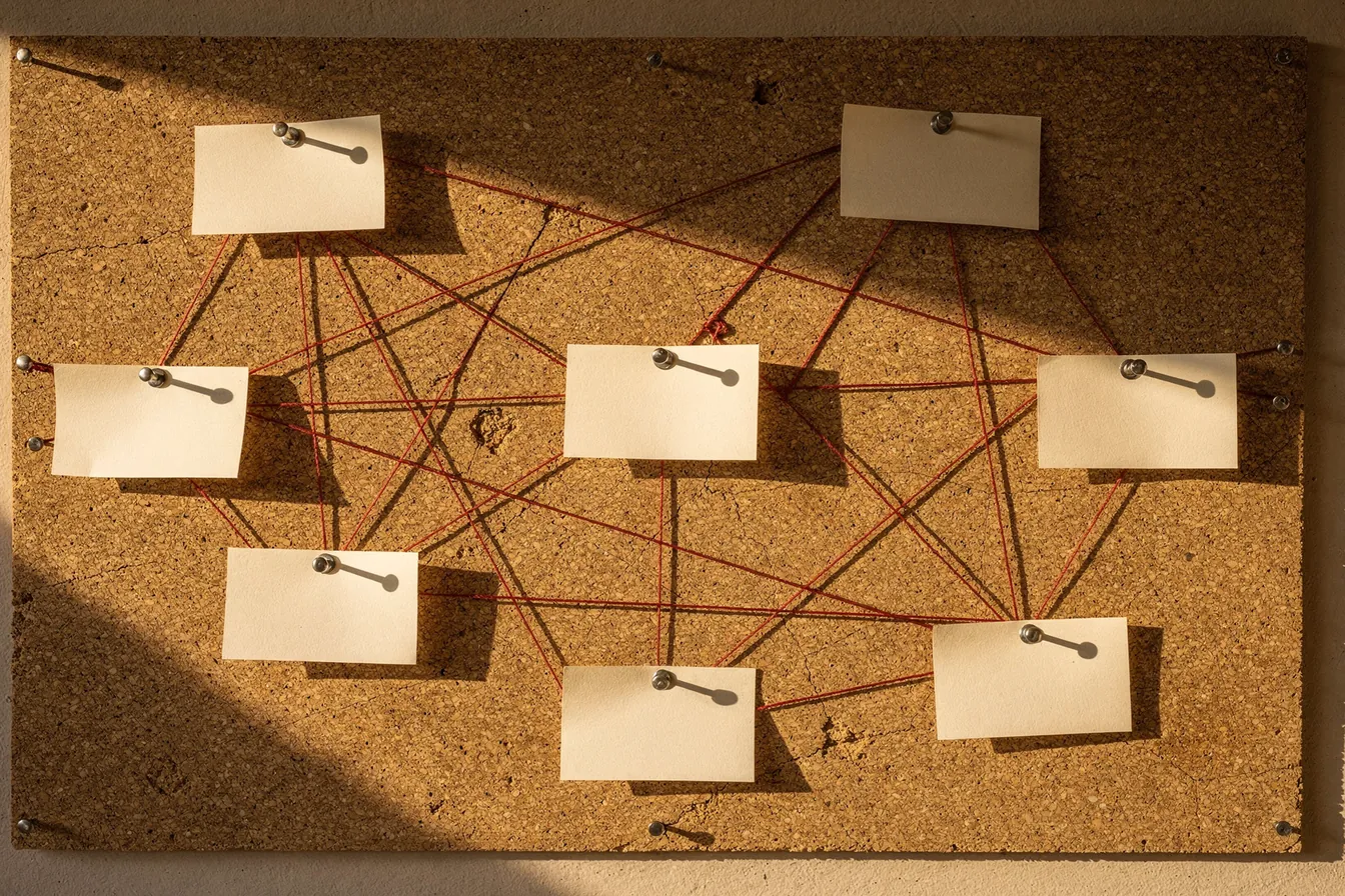 A cork board with blank pinned cards joined by red string, in warm light