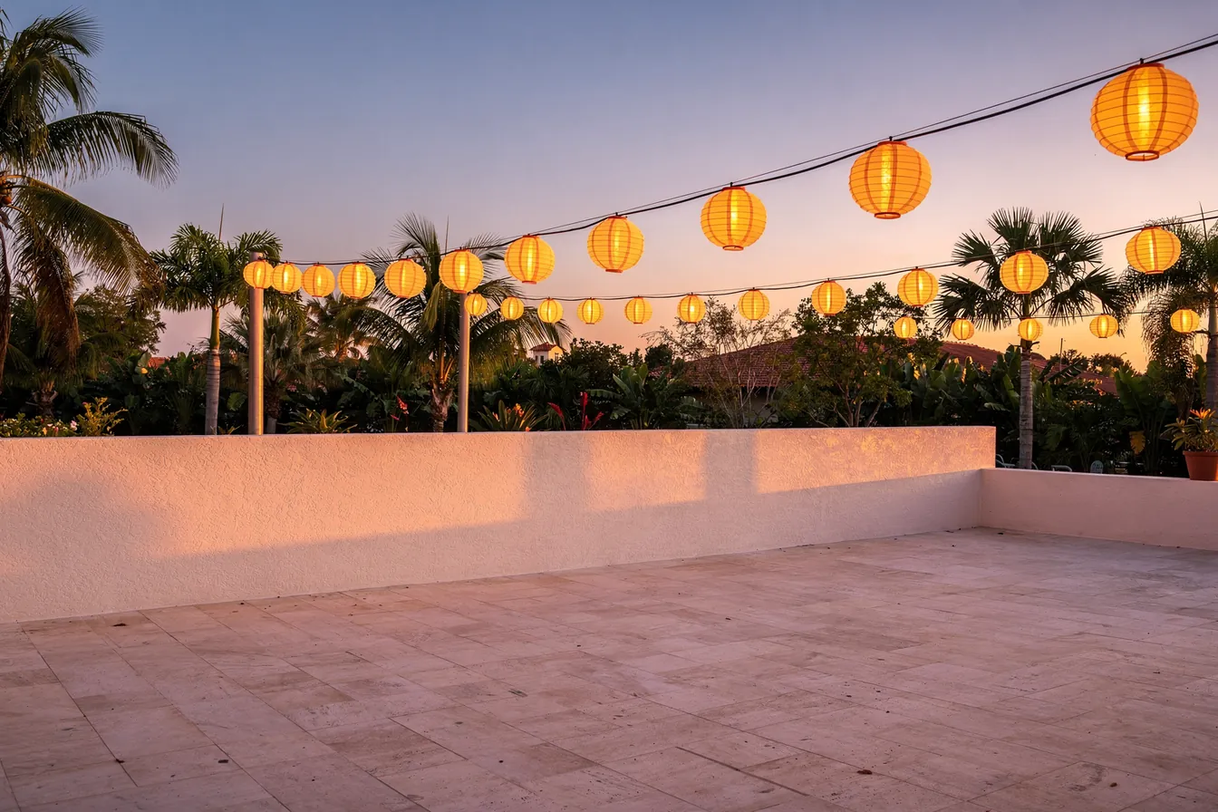 Paper lanterns strung over an empty rooftop terrace among palms at dusk
