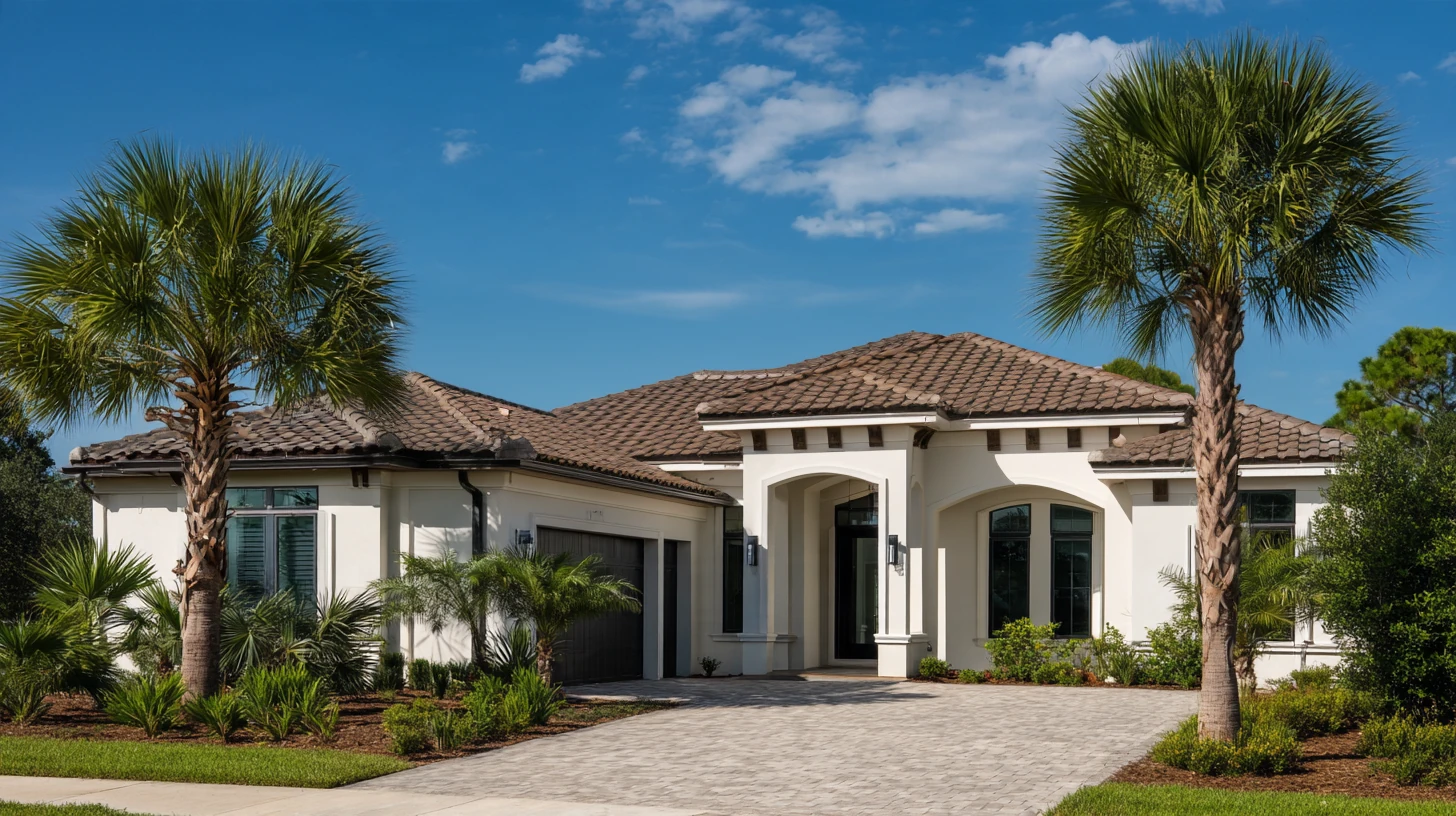 A tile-roofed Southwest Florida home seen straight-on under a blue sky, its roof bare of solar panels