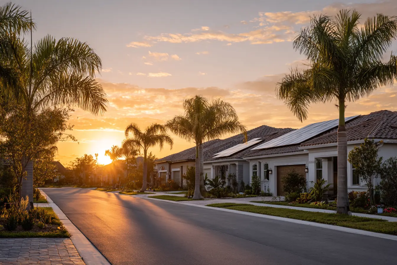 Late sun over a quiet Southwest Florida street of tile-roofed homes, one roof carrying a solar array