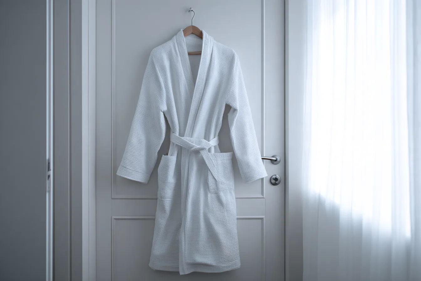 A white waffle robe hanging on the door of a bright room beside sheer curtains