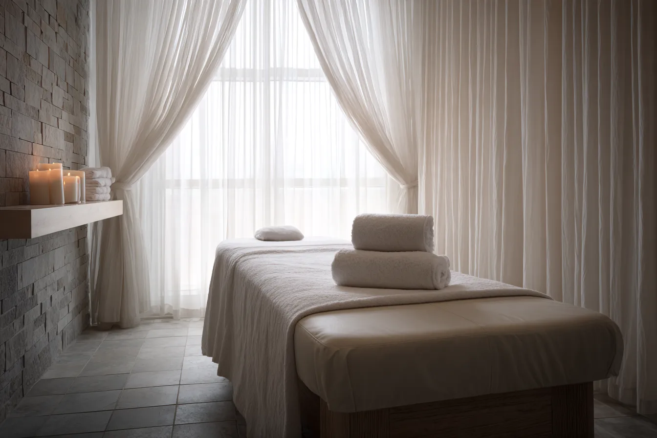 A serene, empty medspa treatment suite with a cushioned bed, folded white towels and soft daylight through sheer curtains