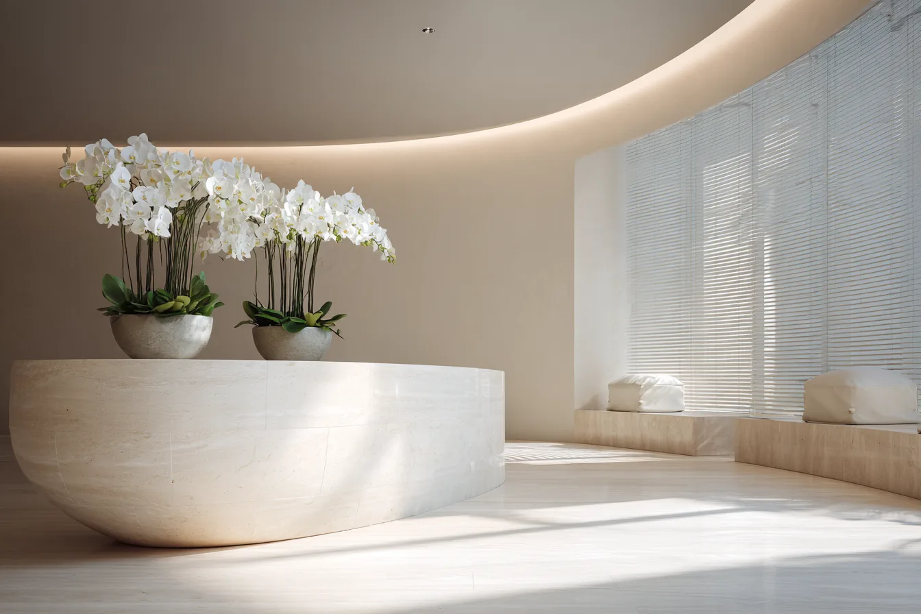 A quiet medspa lobby with a curved pale stone reception desk, white orchids and soft daylight, no one present