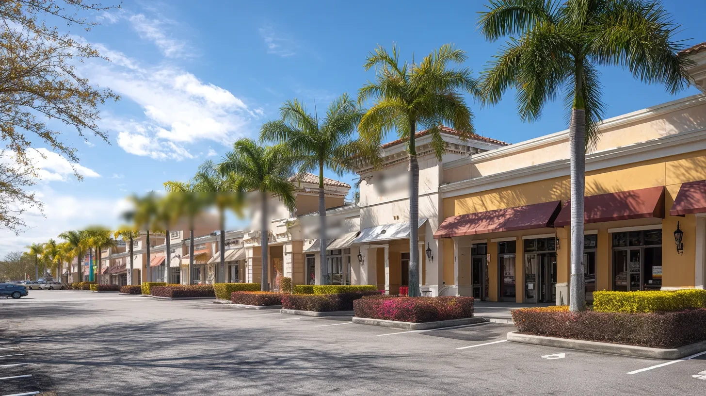 A palm-lined Southwest Florida shopping plaza of cream stucco storefronts above a row of parking spaces