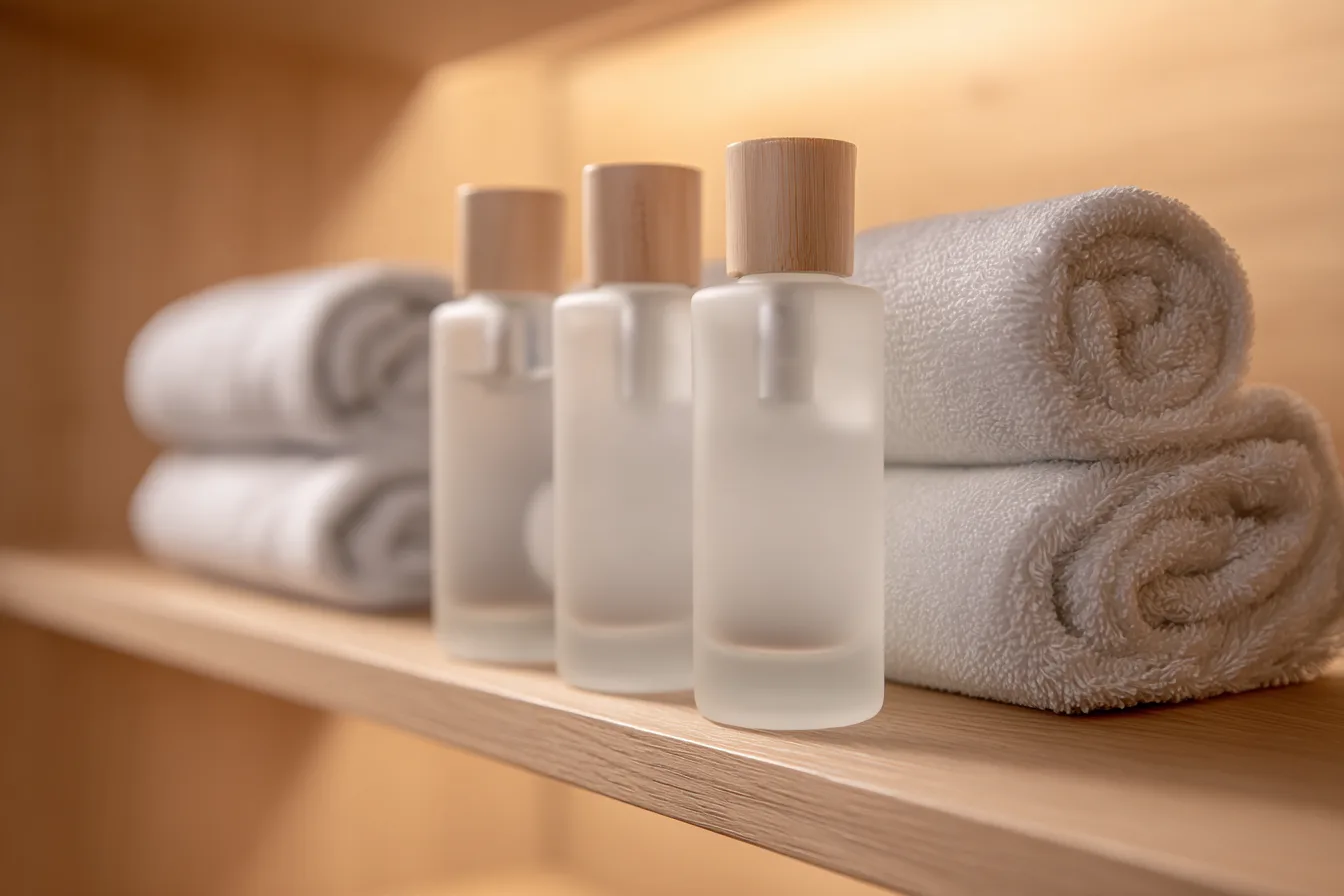 Unlabeled glass skincare bottles and rolled white towels on a pale wood shelf in soft light