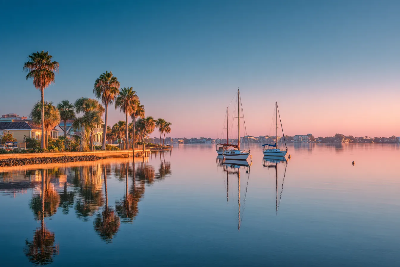 Soft morning light over a wide bay with sailboats at anchor, palms and low buildings along the shore