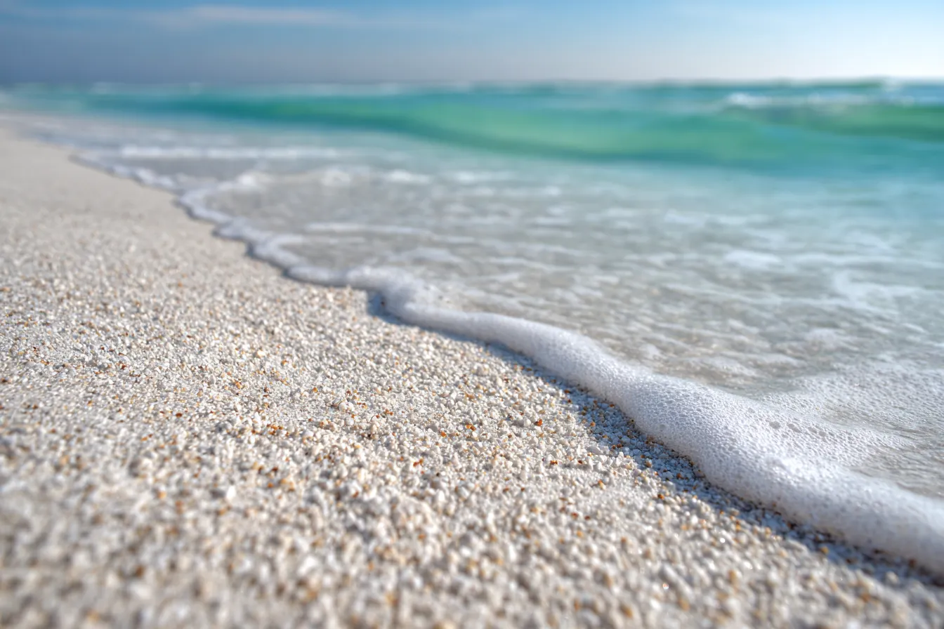Fine white sand meeting clear turquoise Gulf water on an empty beach in morning light