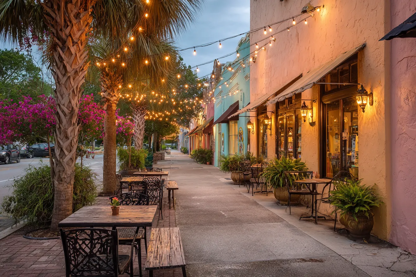 A walkable downtown street of low shopfronts with blank awnings, palms and cafe tables in soft evening light