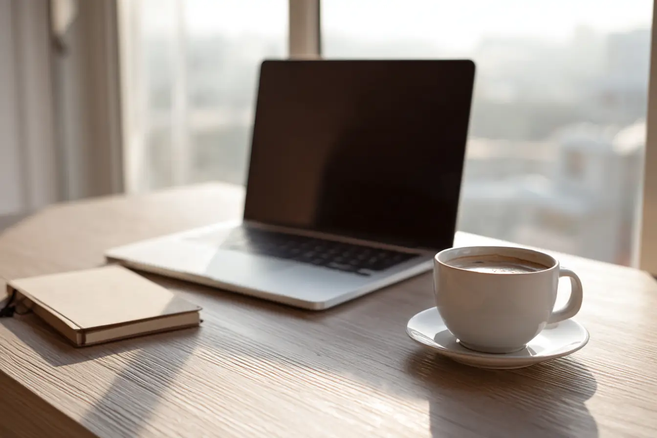An open laptop with a dark screen, a notebook and a coffee cup on a light wood desk by a sunny window