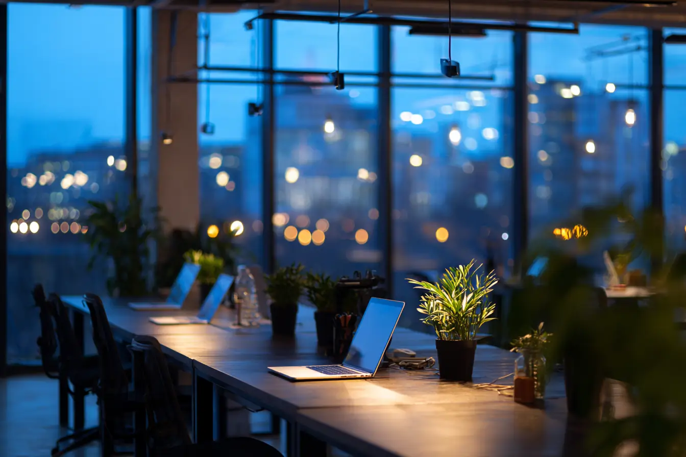 An open-plan startup office at dusk, long desks with laptops and plants, city lights soft through tall windows