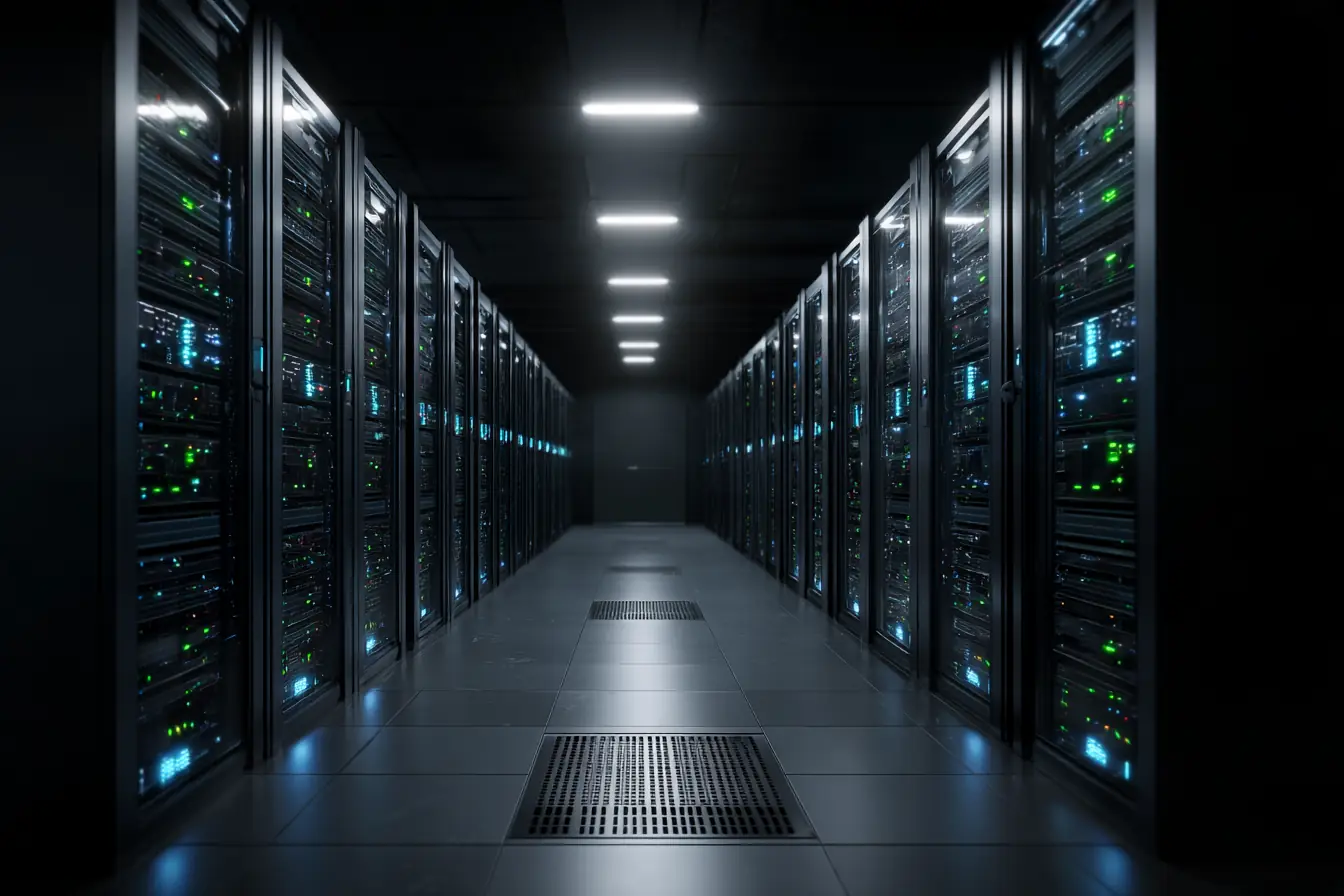 Rows of server racks with small status lights in a cool, dim data room