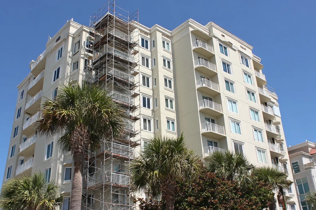 Mid-rise coastal condominium building with pale stucco walls and balconies, scaffolding along one side of the facade