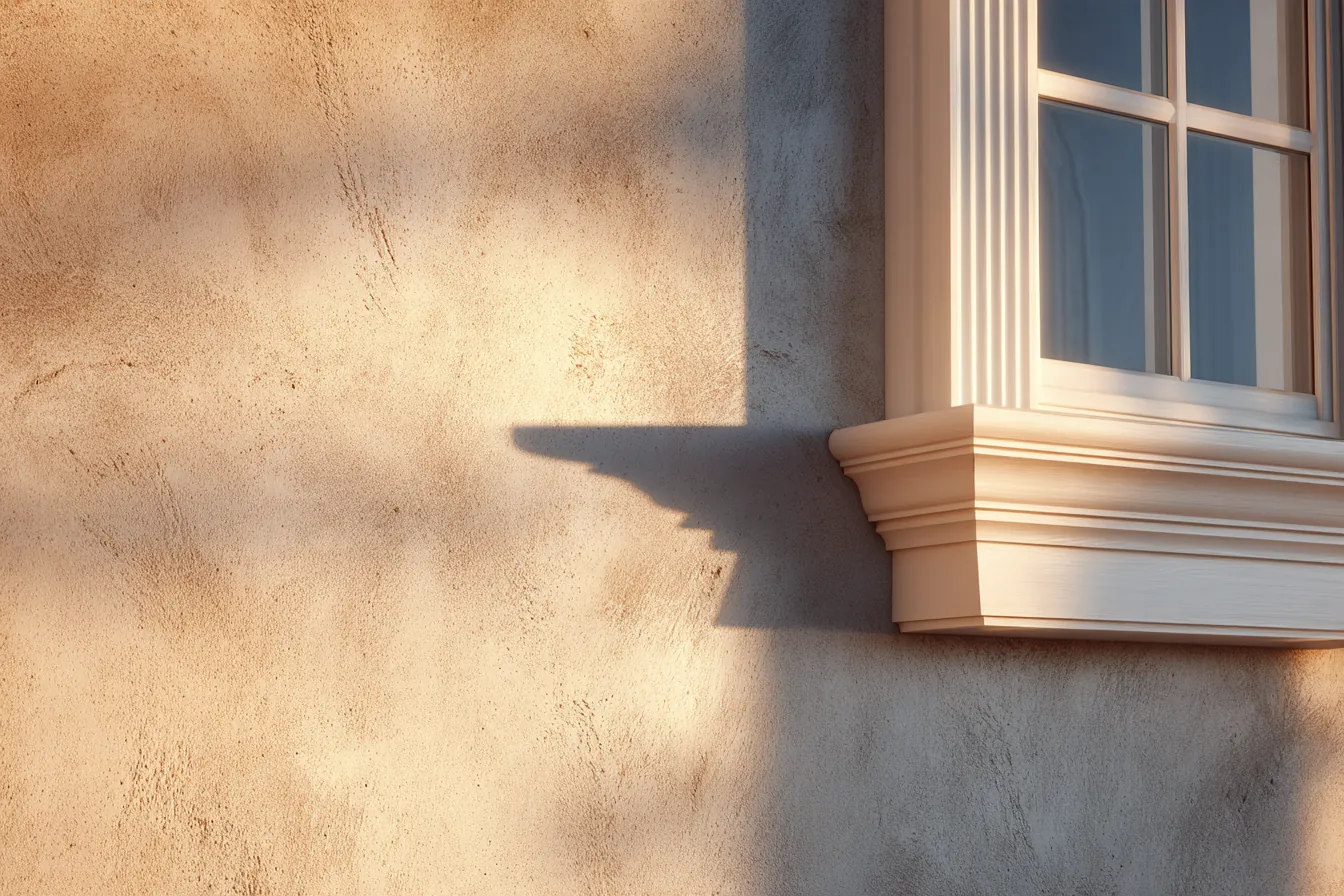 Warm light across a textured stucco wall beside a white-trimmed window