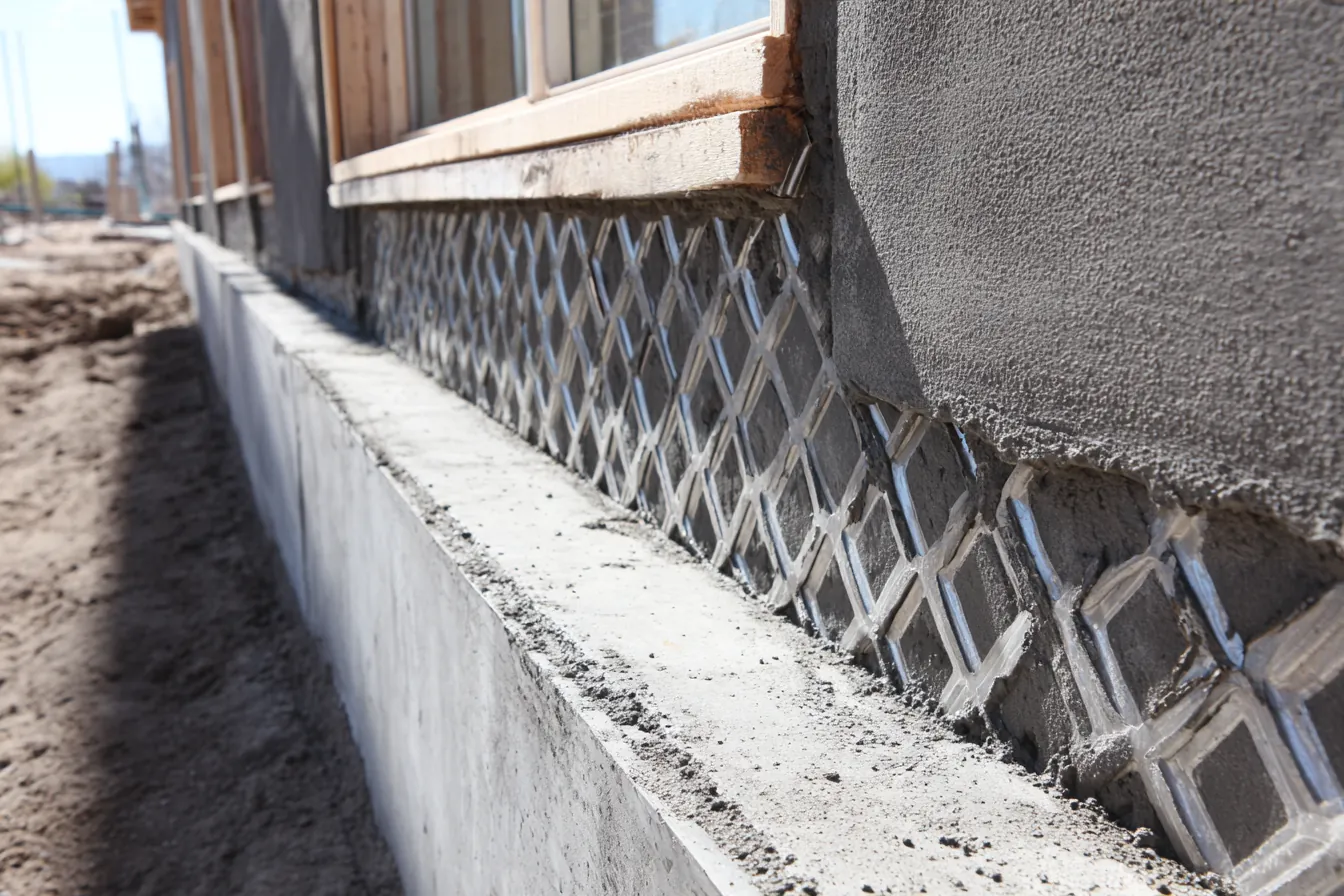 Galvanized metal lath fastened over building paper on a frame wall, ending on a metal weep screed above a concrete slab