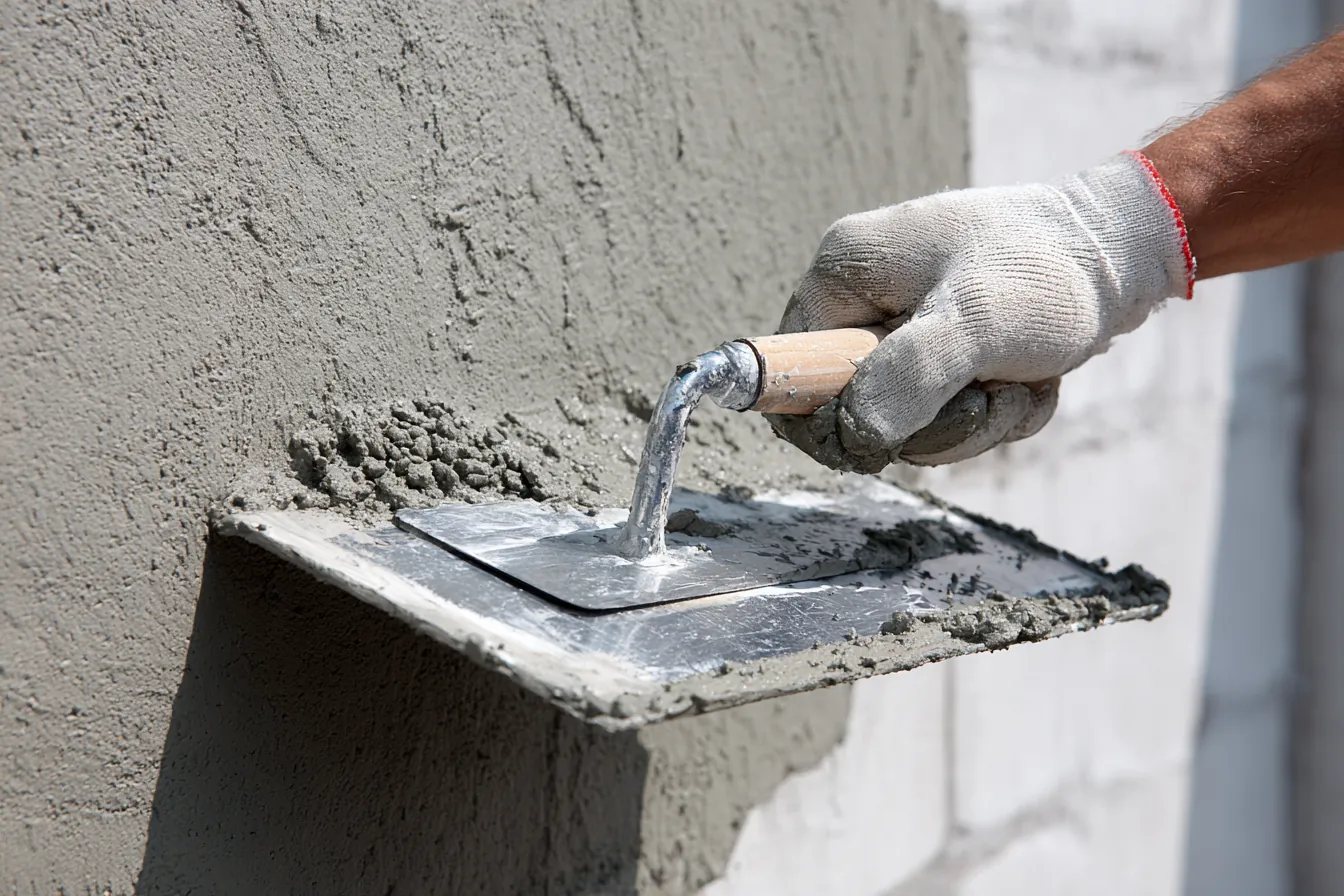 A gloved hand holding a steel trowel and hawk, spreading gray cement plaster over a concrete block wall