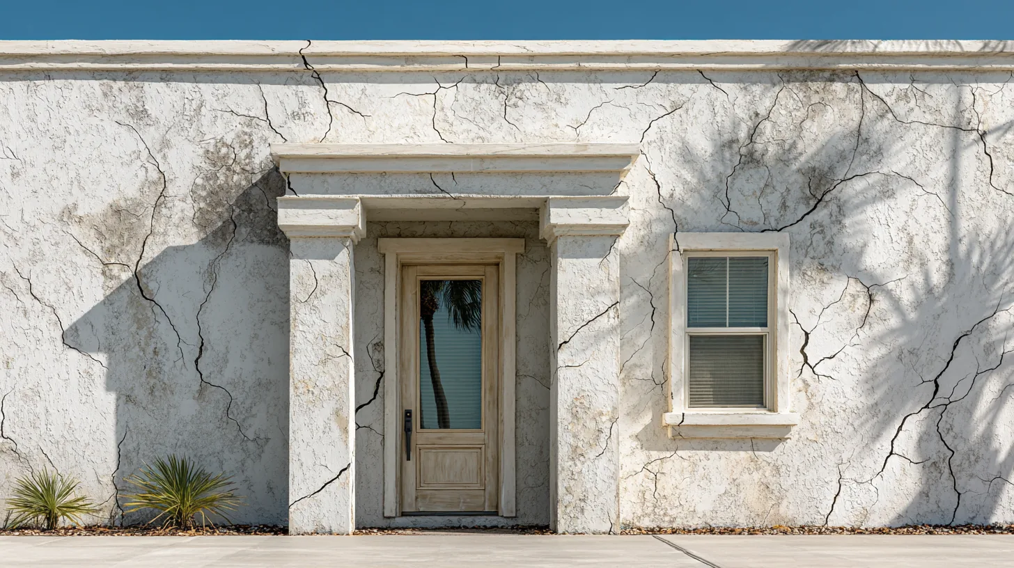Straight-on view of a white stucco Southwest Florida wall with a pilastered front door and one window, long cracks branching across the stucco and gray water stains