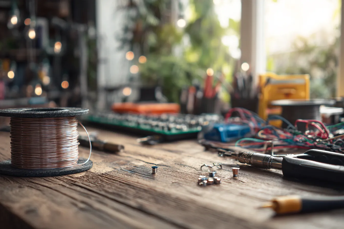 A wooden workbench with a spool of copper wire, a circuit board, tools and loose wires in soft light