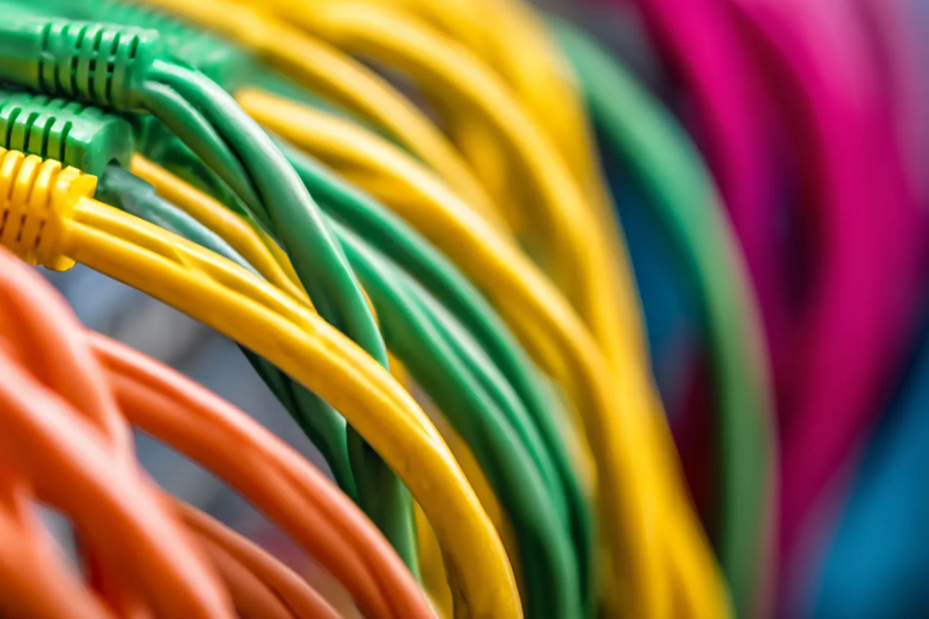 Close-up of bundled orange, yellow, green and pink network cables, shallow depth of field