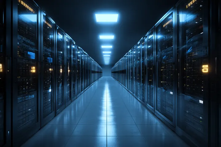 A long server hall of racks with blue indicator lights receding toward a bright far end