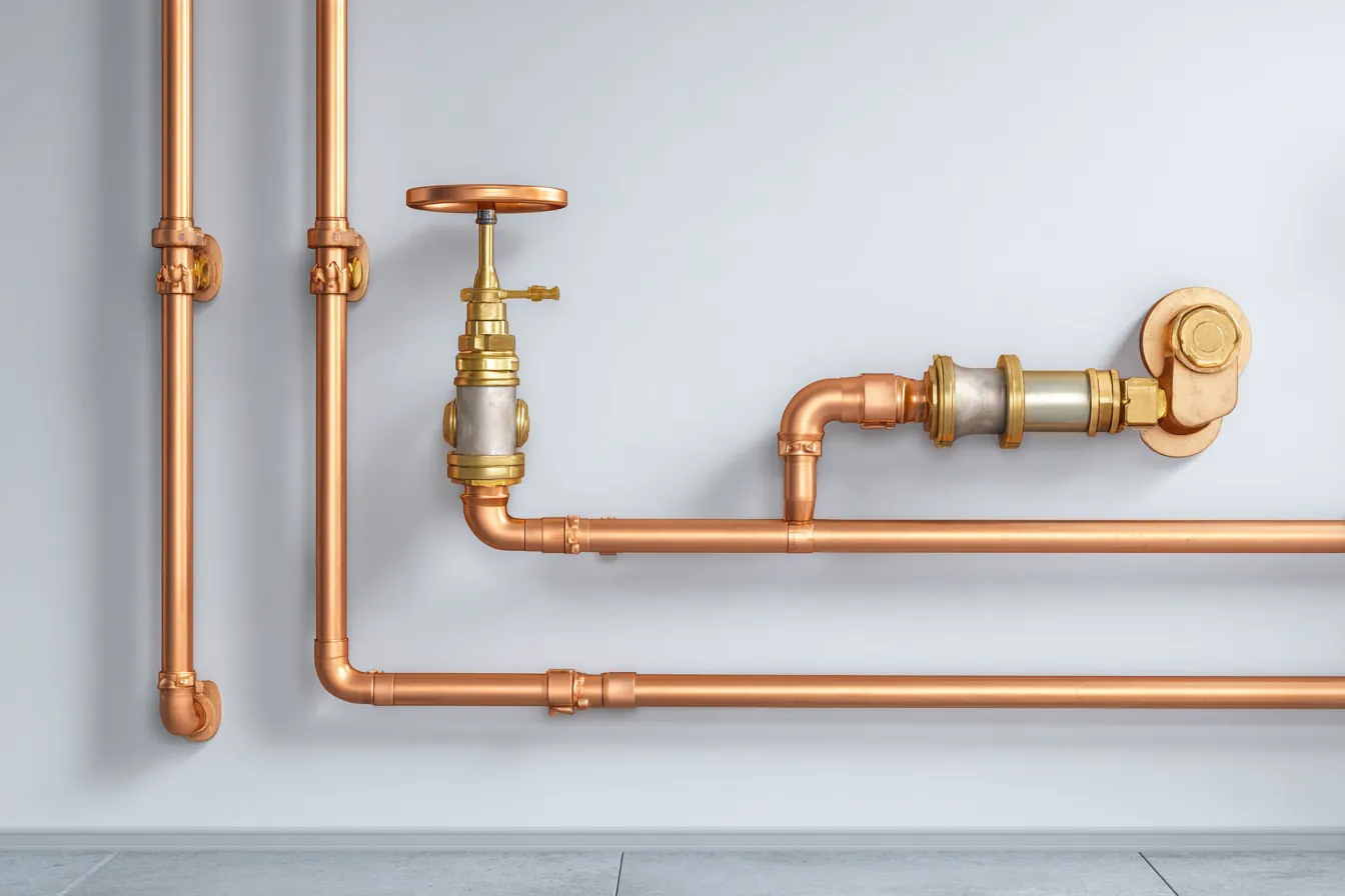 Copper pipes and a brass valve running along a clean white wall