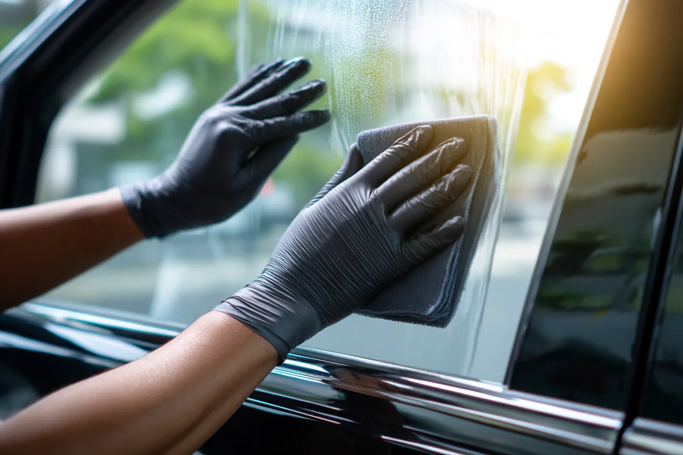 Gloved hands smoothing window film onto the inside of a car side window with a cloth