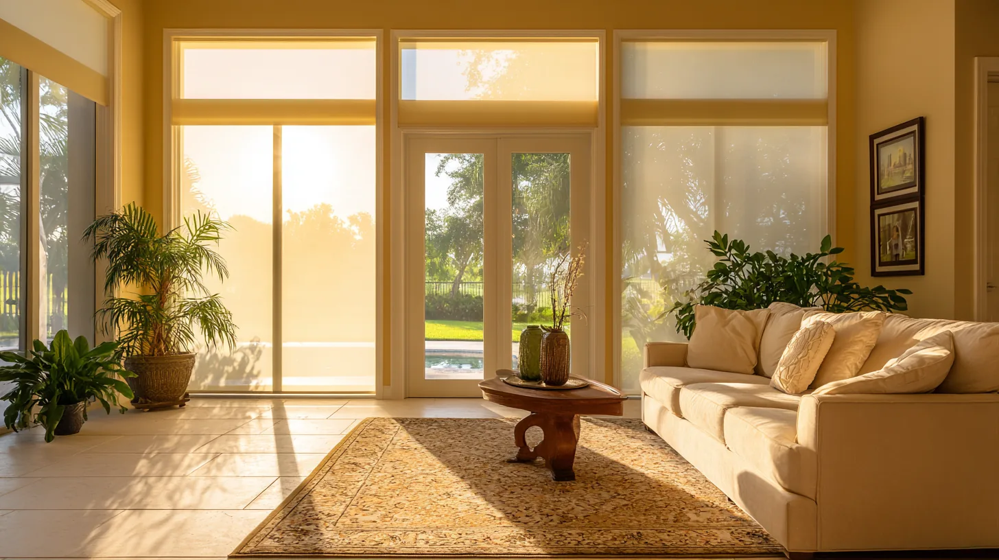 A Southwest Florida living room facing a wall of tall untinted windows and a glass door, the glass bright with glare and hot patches of sun on the tile floor