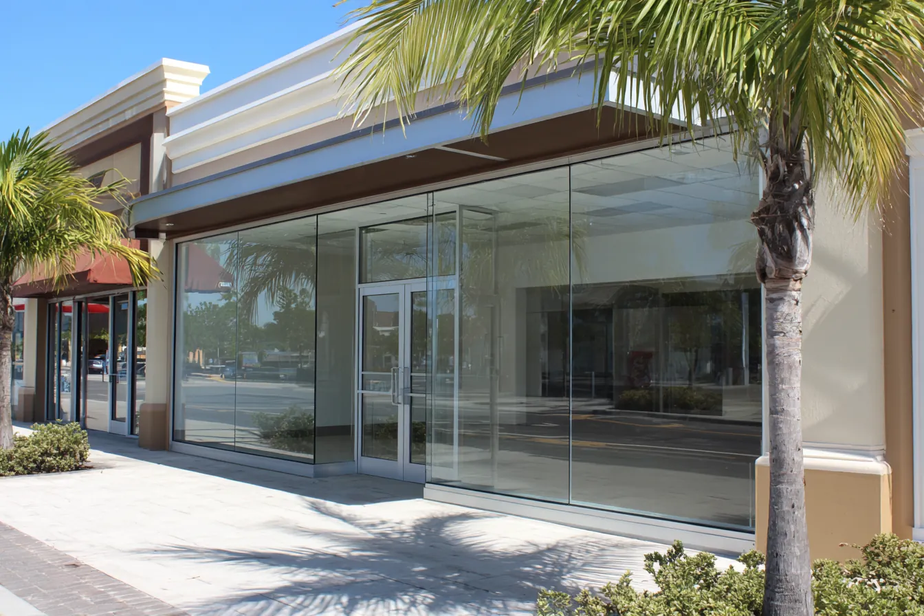 A small commercial storefront with lightly tinted glass, the empty interior visible through it