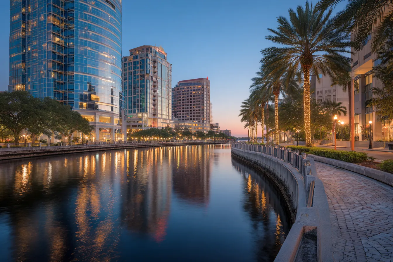 A river curving through a downtown of generic glass towers at dusk, a waterfront walkway lit along the bank