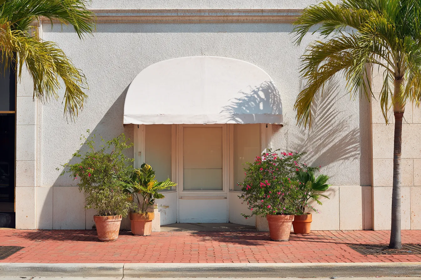 A small independent shopfront with a blank awning on a palm-lined city street in warm afternoon light