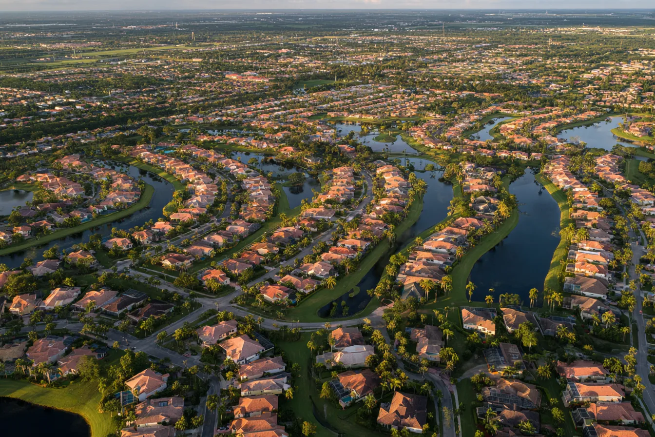 Aerial view of a sprawling Florida suburb of curving streets, tile roofs and retention ponds stretching to the horizon