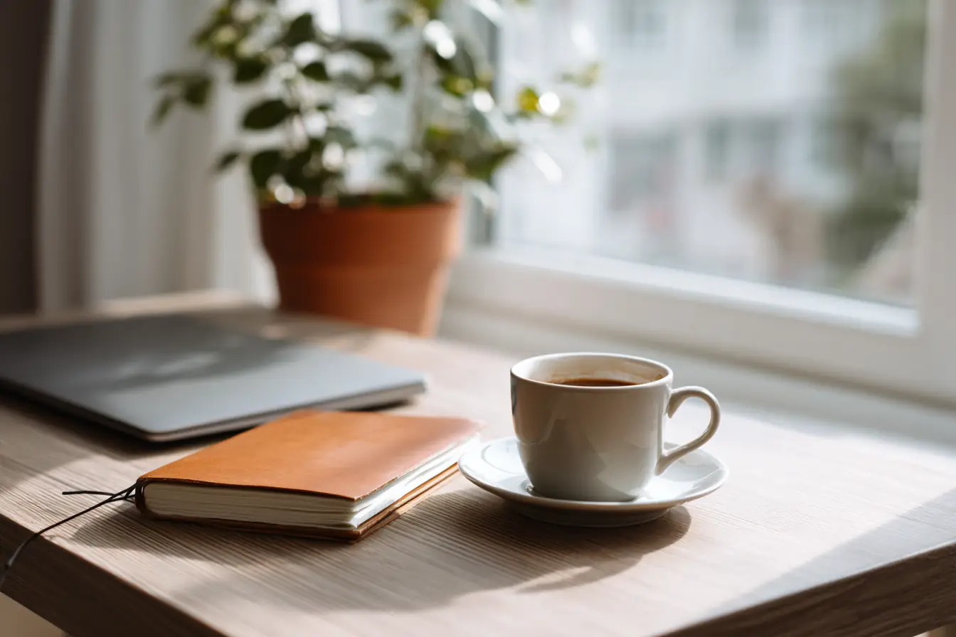 A quiet home office desk by a window, a closed laptop, a leather notebook and a cup of coffee