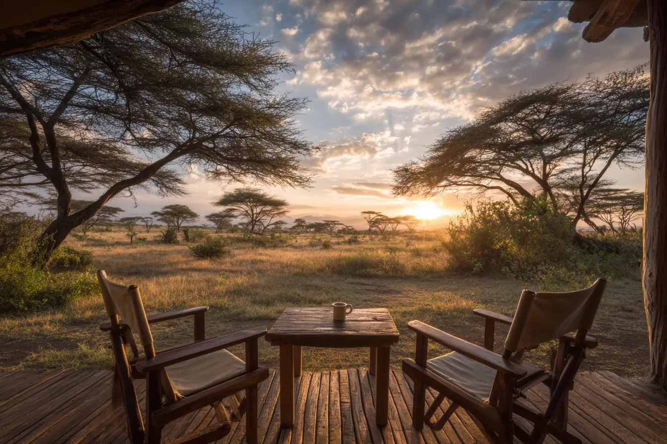 A small boutique lodge veranda at sunrise overlooking an open savanna, two empty chairs and a low table