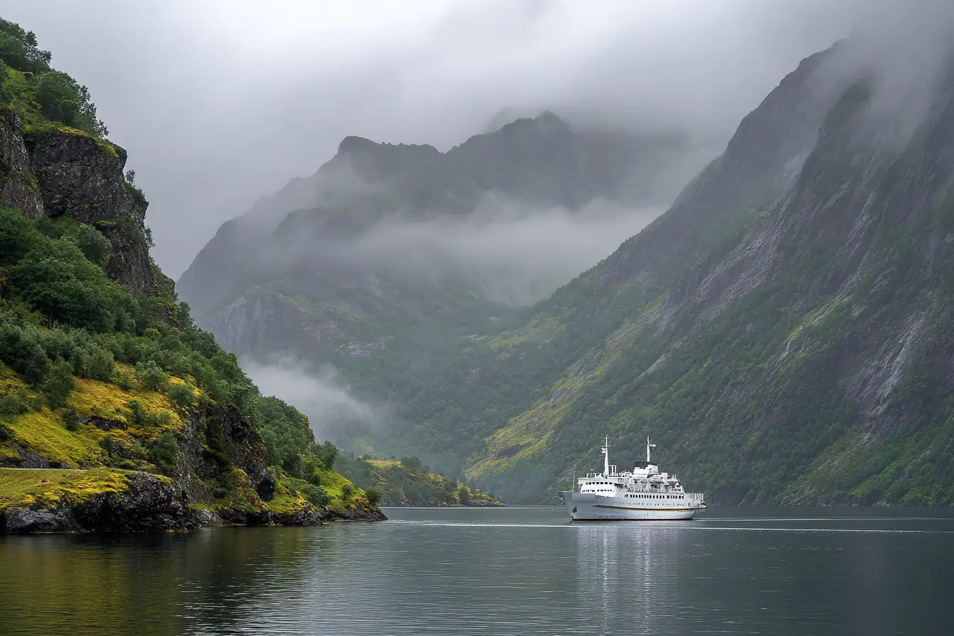 A small white expedition ship at anchor in a calm fjord under soft morning cloud