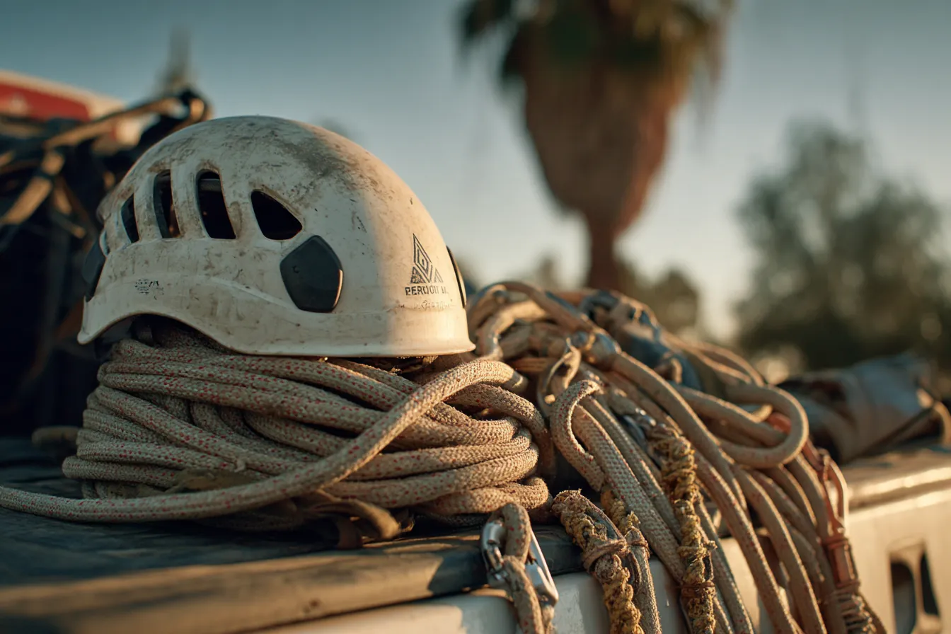A climbing helmet, a coiled rope and a harness laid on the tailgate of a work truck, a palm in soft focus behind
