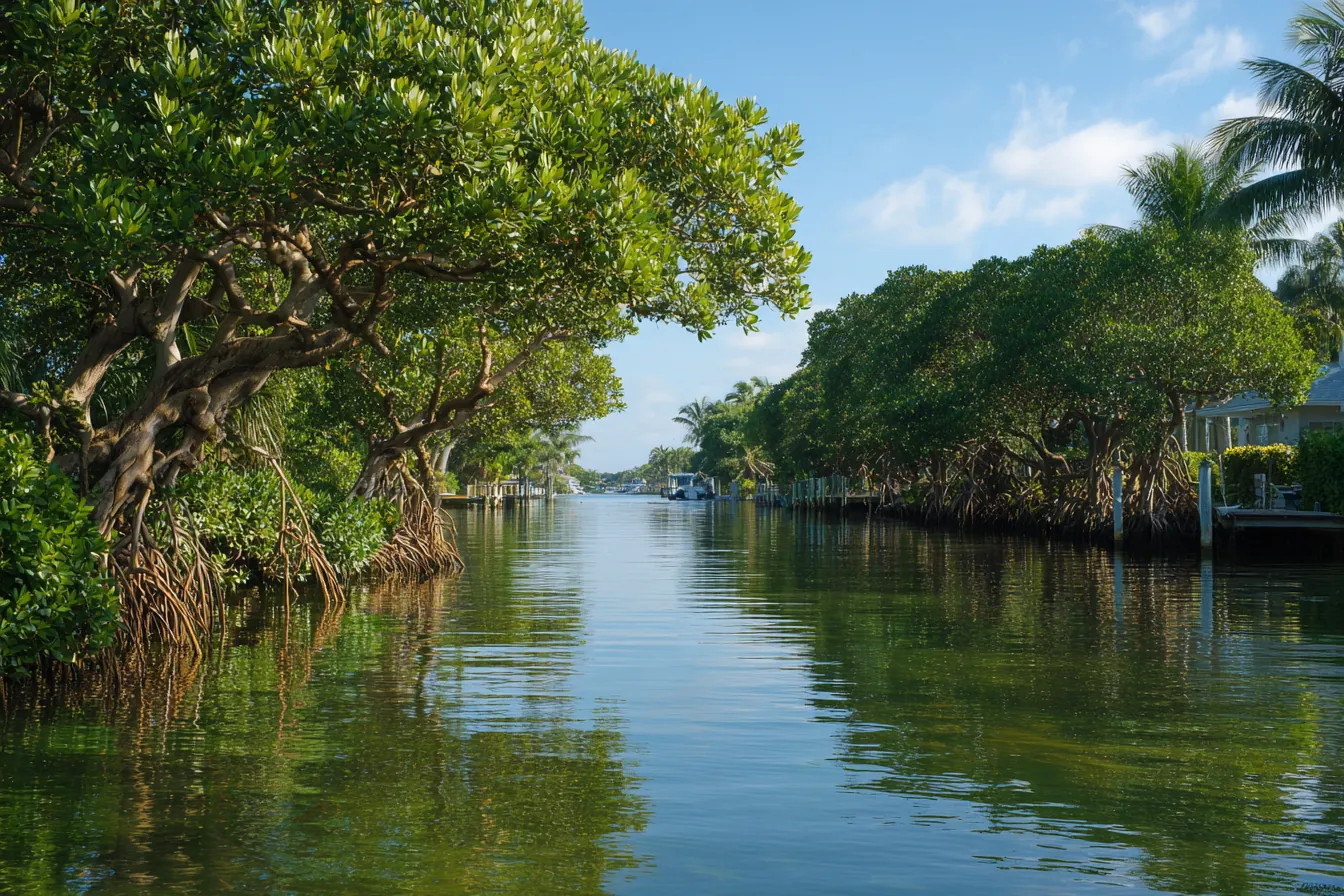 Neatly trimmed red mangroves along a calm residential canal, their arching prop roots above the waterline