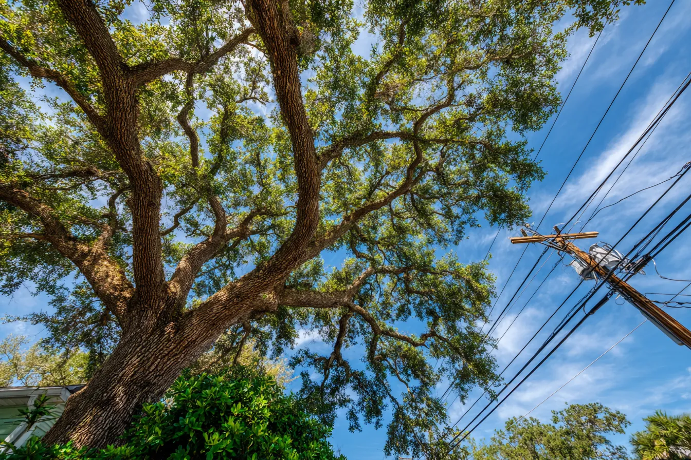 Leafy oak branches reaching toward overhead power lines above a quiet residential street