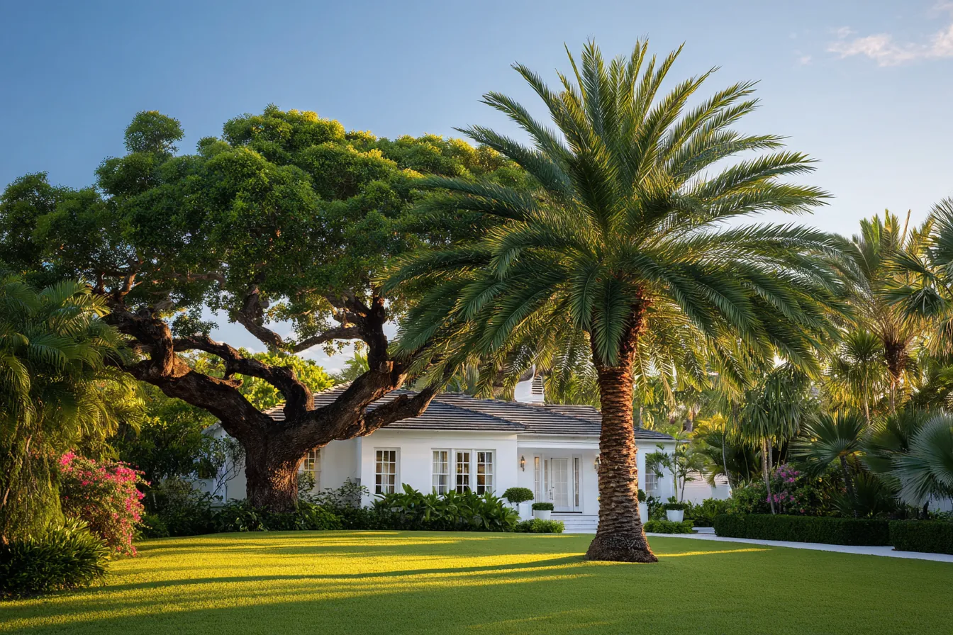 A broad live oak and a tall palm on a green lawn in front of a white Florida home at golden hour