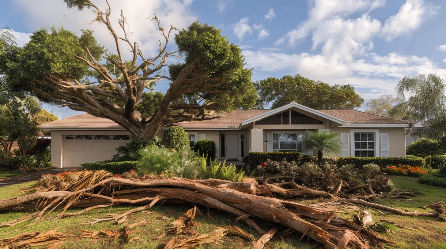 Straight-on view of a single-story Southwest Florida home after a storm: a shade tree with broken, stripped limbs, a fallen trunk and torn palm fronds across the lawn