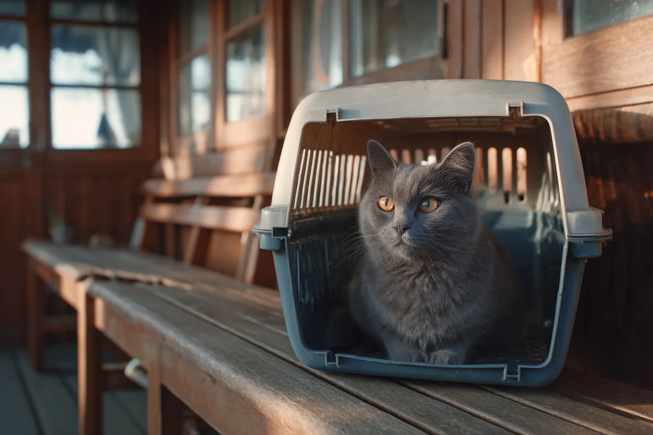 A gray cat sitting in an open carrier on a wooden bench in soft daylight