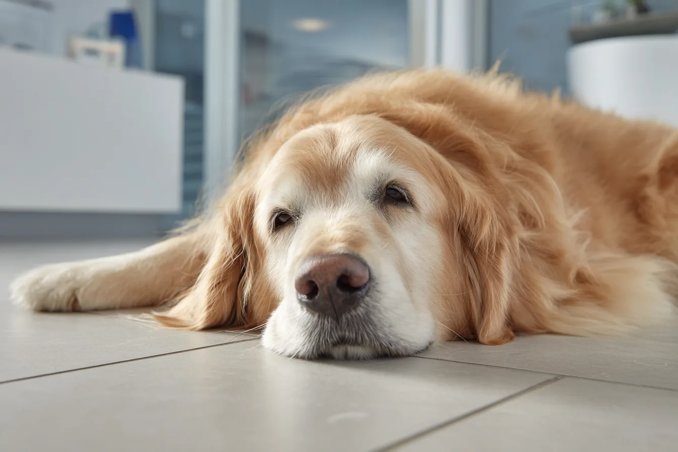 A golden retriever resting on the cool tile floor of a bright clinic waiting room