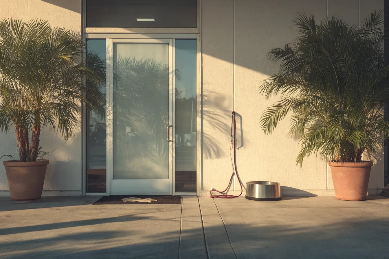 A leash and a steel water bowl beside the glass door of a small clinic, potted palms on either side