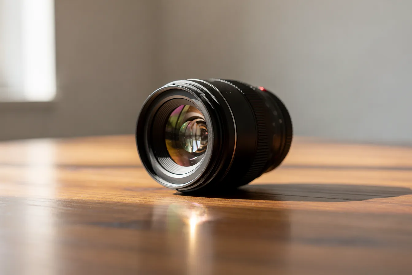 A camera lens resting on a wooden table, reflecting soft window light