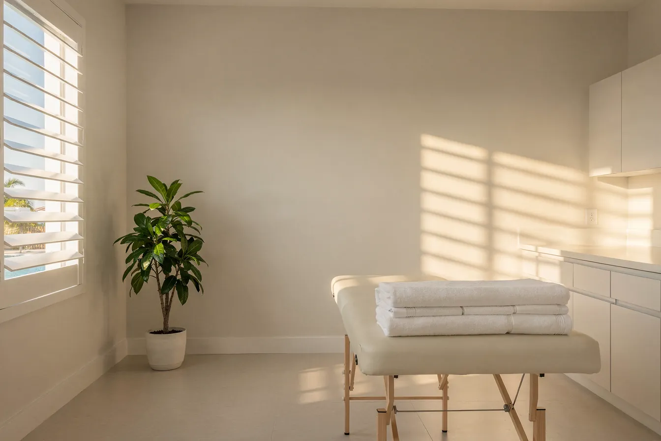 An empty, bright treatment room with folded white towels on a table and a plant by a shuttered window