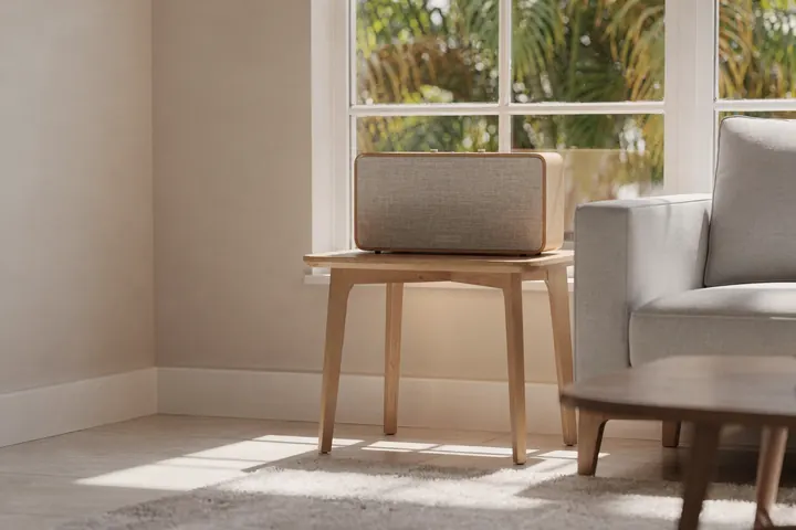 A sunlit living room with a plain fabric speaker on a side table and palms beyond the window