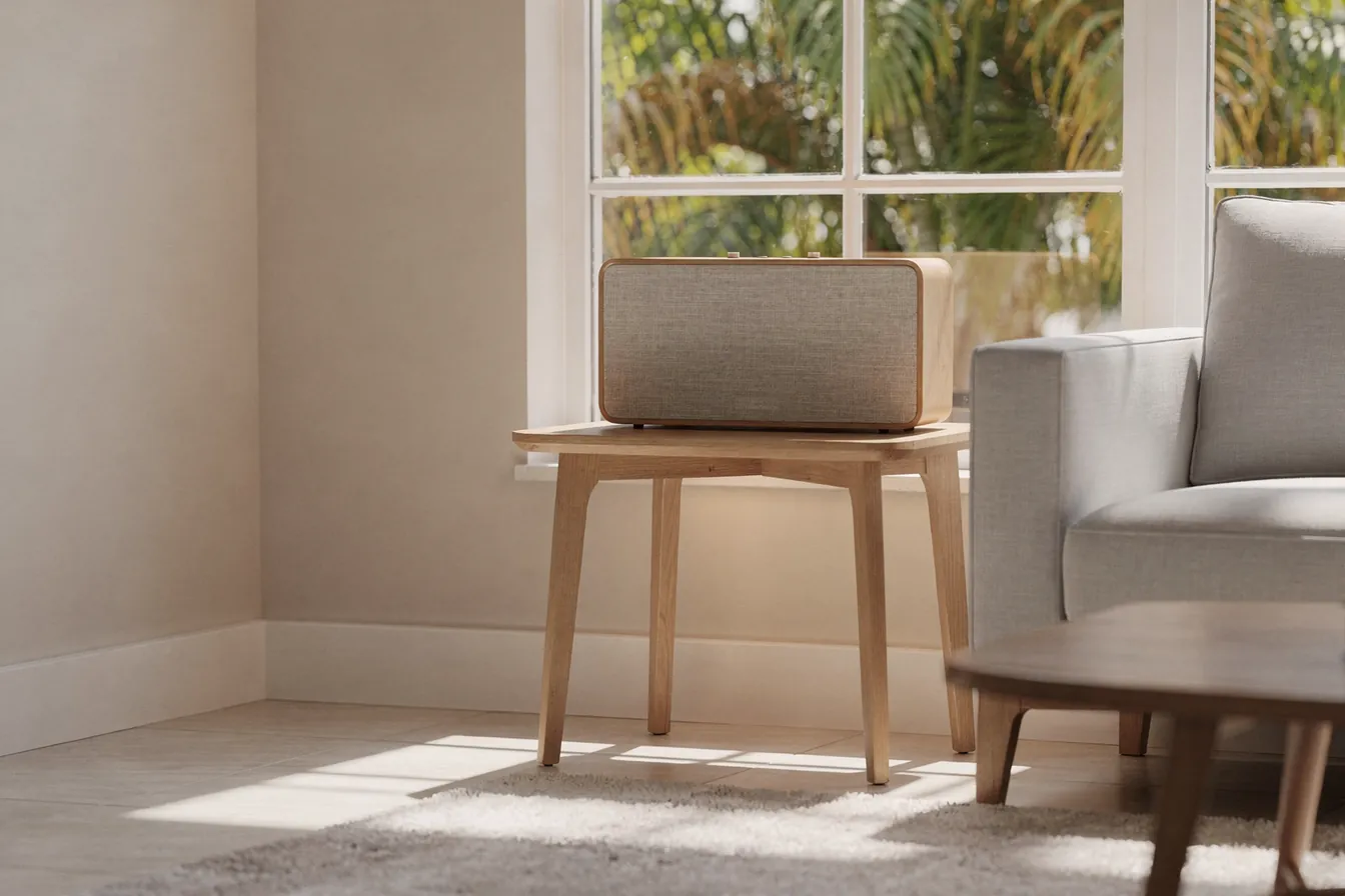 A sunlit living room with a plain fabric speaker on a side table and palms beyond the window