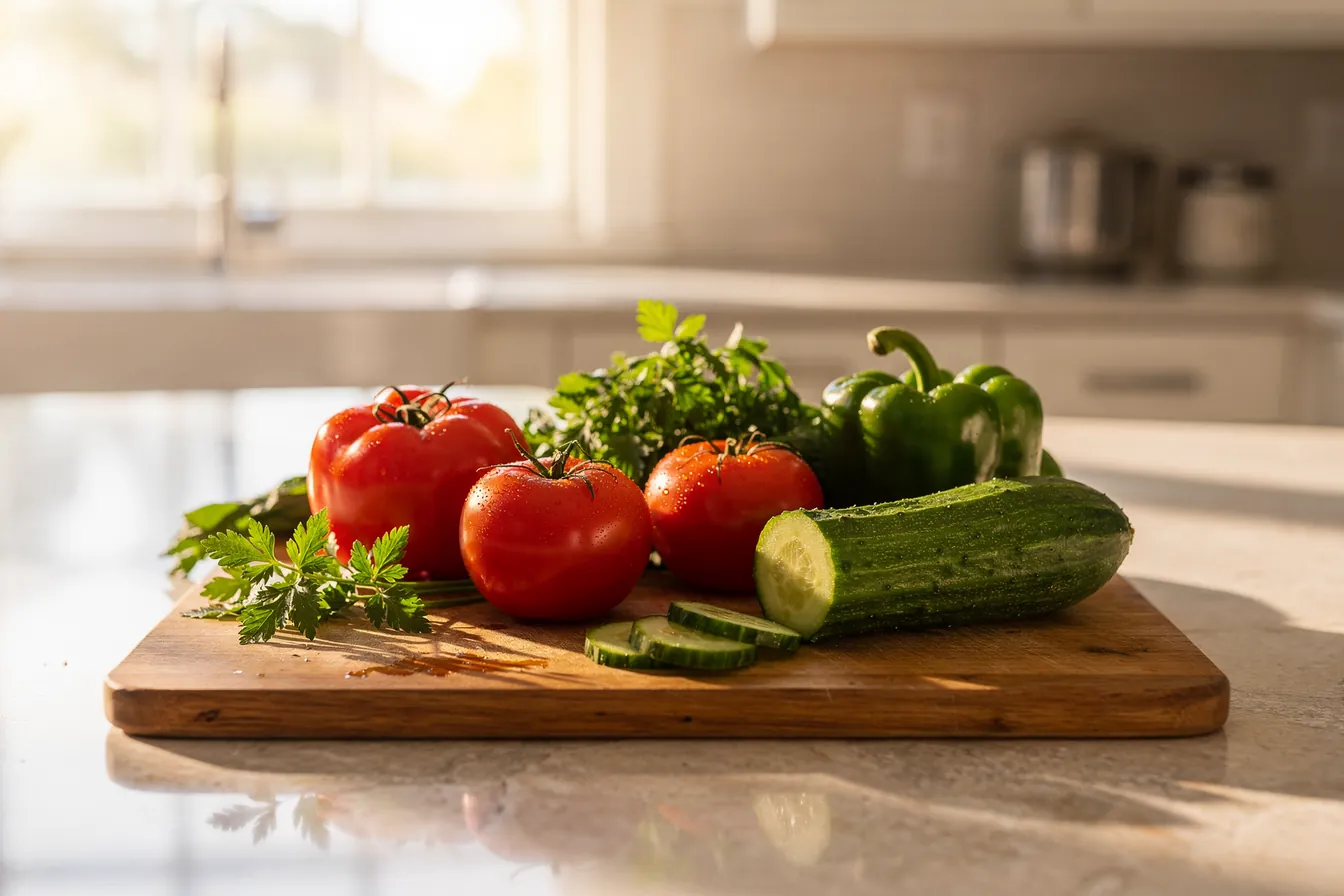 A bright kitchen counter with a cutting board and fresh vegetables in morning light