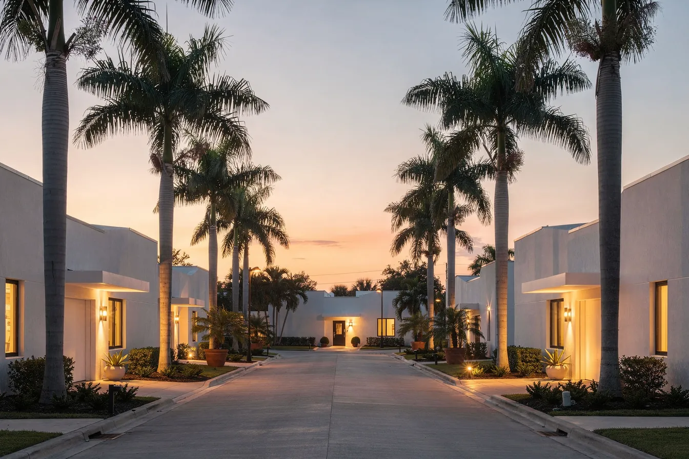 A quiet palm-lined street at dusk with warm light glowing from low white buildings