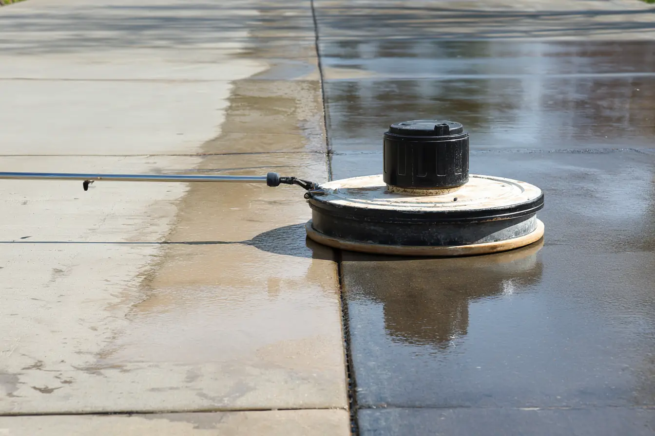 A round flat surface cleaner resting on a half-cleaned concrete driveway, a sharp line between clean and darkened concrete