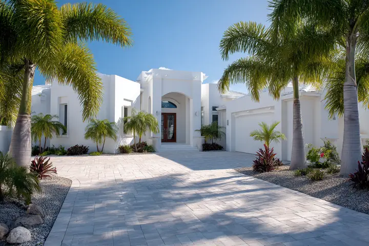 A bright white stucco Southwest Florida home with a spotless paver driveway in morning light, palms beside it