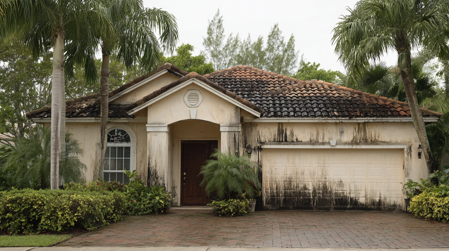 A Southwest Florida home seen straight-on, its tile roof streaked black with algae and its paver driveway stained green